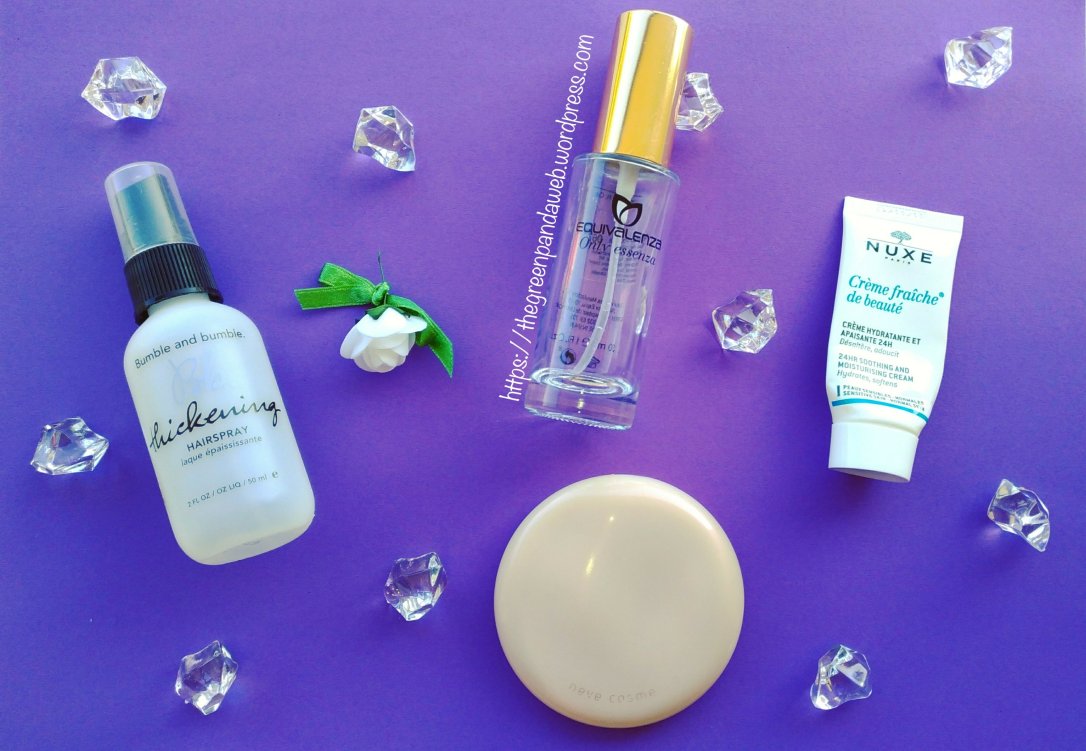 Empties, Fall, prodotti finiti, makeup, sample, minisize, Bumble and Bumble, Thickening hairspray, hairspray, capelli, hair, spray volumizzante,  Neve Cosmetics, cipria, powder, flat perfection, velvet matte, viso, face, Equivalenza, Profumo, parfum, Omnia Crystalline, Bvulgari, Nuxe, Facecream, crema viso, crema, cream