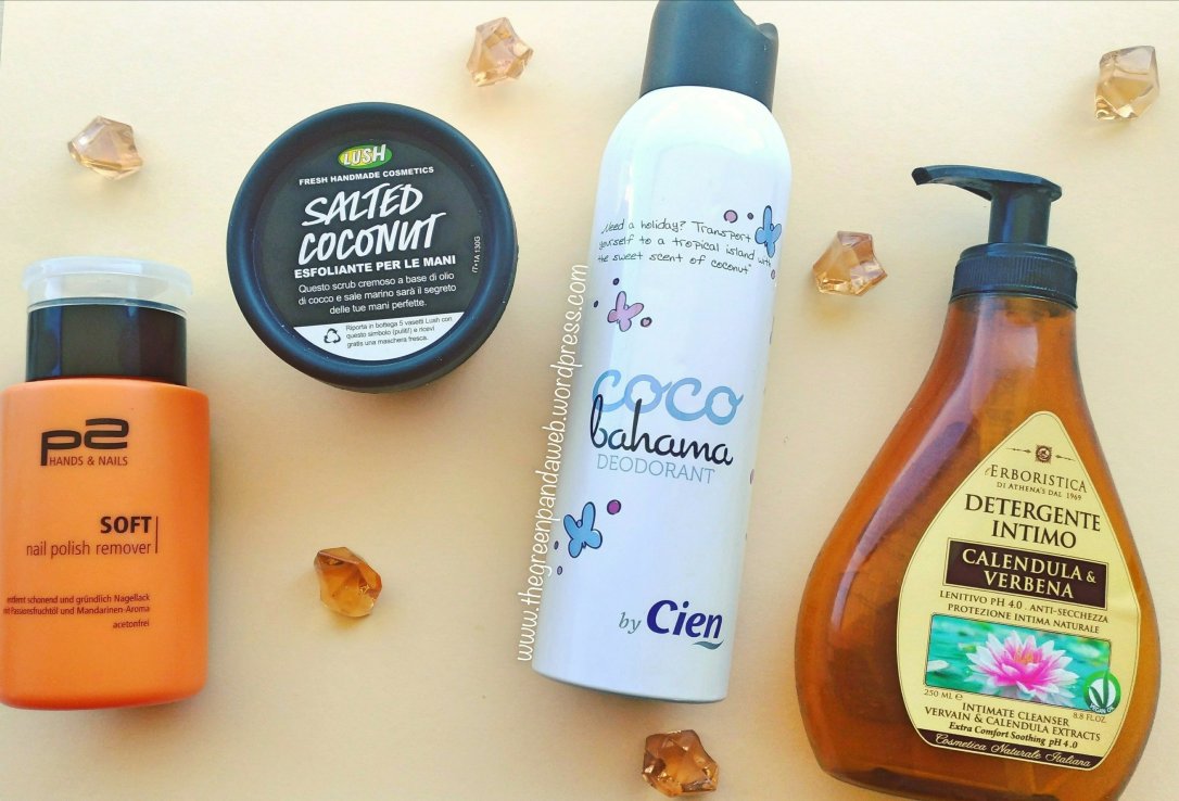 Empties, prodotti finiti, solvente, solvente unghie, P2, nail polish remover, scrub, scrub mani, hand scrub, Lush, Salted coconut, deodorante, deodorant, Cien, Lidl, detergente intimo, intimate wash, Athena's, skincare 